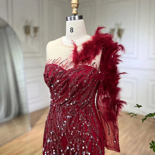 Ships in 1 to 3 Days - Arabic Wine Red Mermaid Luxury Evening Dress with Feathers and Beading - Elegant Gown for Women Wedding Party 2024