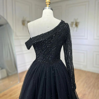 Ships in 1 to 3 Days - 2024 Black One-Shoulder With Overskirt Luxury Beaded Formal Occasion Evening Dresses Gowns for Women Party