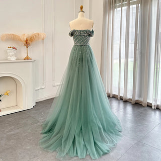 Elegant Off-Shoulder Sage Green Evening Dresses with Overskirt: 2024 Luxury Dubai Gowns for Women's Wedding and Formal Parties