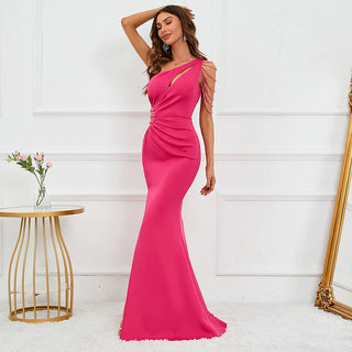 Sexy Rose Red Satin Evening Dress with Slit - Pleated Beaded Party Maxi Dress