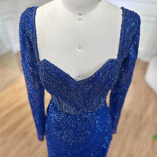 Ships in 1 to 3 Days: 2024 Royal Blue Mermaid Sparkle Beaded Luxury Long Evening Dress - Gown with Beaded Feathers for Women's Party