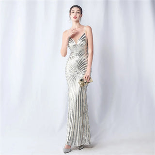 Elegant Sleeveless V-Neck Trumpet Sequin Prom Dress V-Neck Sexy Evening Gown