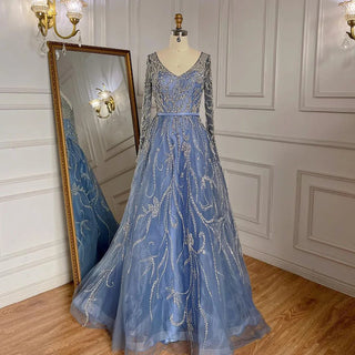 Arabic Blue A-Line Evening Dress - Long Sleeves with Luxury Beading for Woman's Party 2024