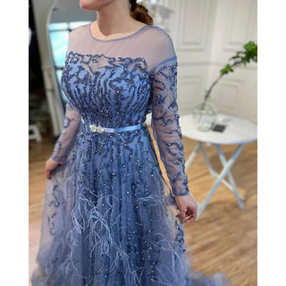 Blue Elegance: 2024 Muslim A-Line Evening Dress with Lace, Beading, Feathers, and Arabic Luxury