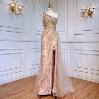 Sensual Beige Beauty: 2024 Mermaid Evening Dress with High Split, Beading, and Elegant Overskirt