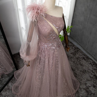 Pink A-Line Split Evening Gown 2024: Beaded Elegant Feathers, One Shoulder for Women Party