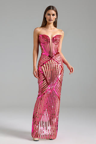 Sculpted Illusion Corset Gown with Sequined Geometric Detailing