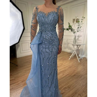 Blue Long Sleeve Elegant Mermaid Evening Dress - 2024 Women's Party Gown with High Side Split Skirt