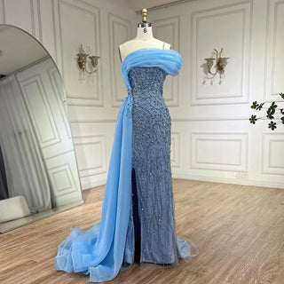 Blue One-Shoulder Beaded Pearls Mermaid Evening Dress Gown with Split for Party