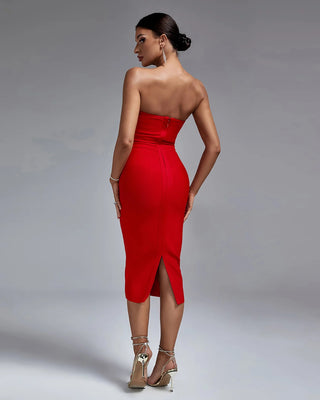 Ships in 1 to 3 Days - Scarlet Strapless Midi Dress with Crystal Embellishments