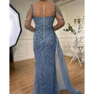 Blue Long Sleeve Elegant Mermaid Evening Dress - 2024 Women's Party Gown with High Side Split Skirt