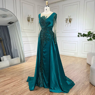 Ships in 1 to 3 Days - Luxury Dubai Green Mermaid Lace Beaded Satin Evening Dresses Formal Gowns 2024 For Woman Wedding Party