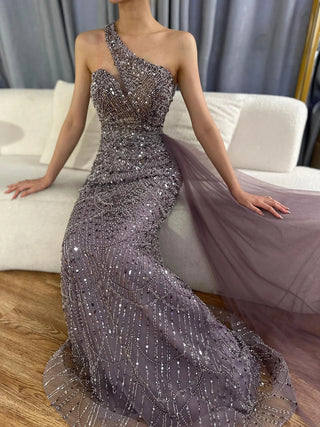 2024 Purple One-Shoulder Saudi Arabic Evening Gown with Beaded Side Overskirt for Formal Occasions