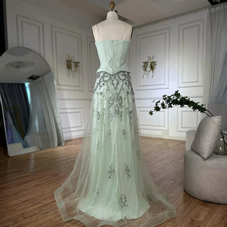 Sage Green Strapless Beaded A-Line Evening Gown – 2025 Saudi Arabic Luxury Dress