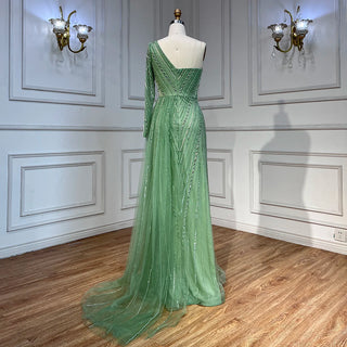 Ships in 1 to 3 Days - Arabic Mint Mermaid Beaded Evening Gown 2024 - Sexy One-Shoulder Split Dress for Women's Wedding Party