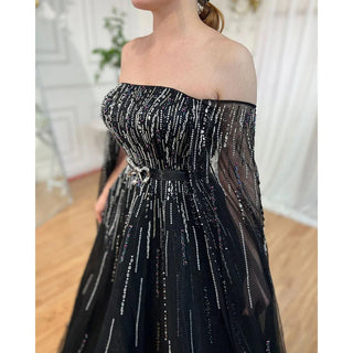 Black A-Line Strapless Evening Dresses 2024 - Cape Sleeves with Luxury Crystal Beading for Women's Party