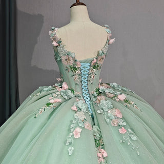 Fashion V-Neck Appliqued Flower Green Quinceañera Formal Gown