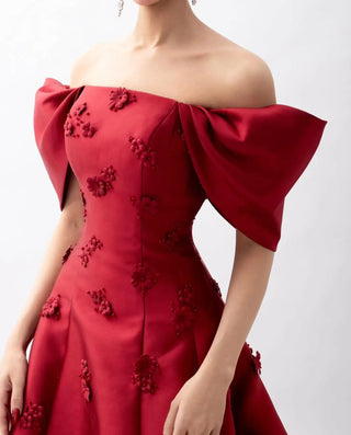 Off-Shoulder Wine Red Arabic Evening Dress with 3D Flowers for Dubai Women’s Wedding, Engagement, and Party Gowns