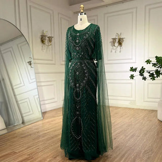 Dubai Arabic Green Mermaid Evening Dress with Elegant Luxury Beaded Cape Sleeves for Women's Party 2024