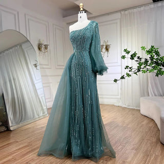 Arabic Blue Mermaid Evening Gown with Beaded Overskirt - Luxury Dress for Women's Wedding Party 2024