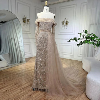 Ships in 1 to 3 Days - Arabia Nude Mermaid Boat Neck Evening Dress with Overskirt - Luxurious Attire for Women's Wedding Party 2024