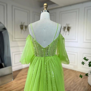 Arabic Lemon Spaghetti Strap Evening Gown Beaded Overskirt Luxury Dresses for Women's Wedding Party 2024