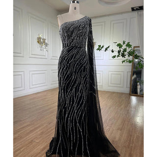 Black Mermaid Elegant Cape Sleeves Beaded Luxury Evening Dress Gown for Women's Arabic Party 2024