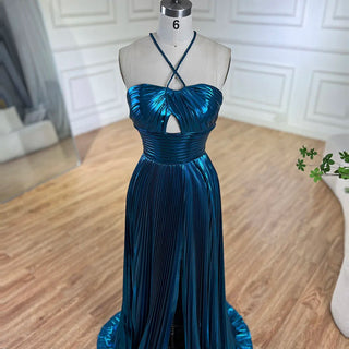 Ships in 1 to 3 Days - Arabic Navy Blue Halter Straps Front Slit Mermaid Beaded Evening Gown for Women Wedding Party 2024