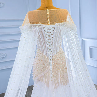 Illusion Pearls Mermaid Bridal Wedding Dress with Shawl