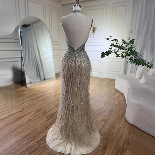 Dubai Halter Beige Feathers Beaded Formal Luxury Mermaid Evening Dress for Women Wedding Party 2024