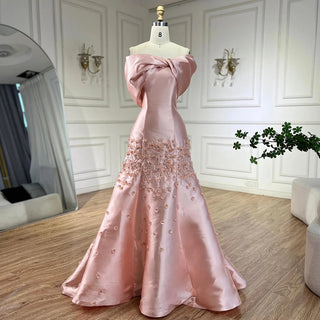 Ships in 1 to 3 Days - Luxury Dubai Peach Satin Mermaid Evening Gown 2024 - Elegant Appliqués for Women's Wedding Party