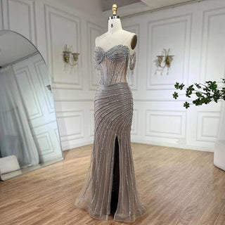 Ships in 1 to 3 Days - 2024 Silver Nude Off-Shoulder Mermaid Elegant Beaded Tassel Evening Dresses Gown for Women Wedding Party