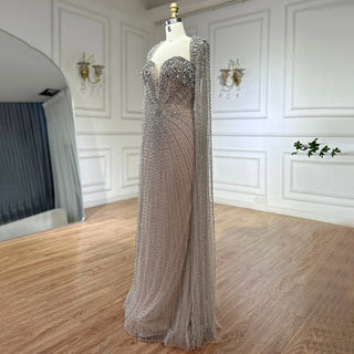 Arabic Silver Nude Beaded Evening Gown - Cape Sleeves Luxury Wedding Party Dress for Women