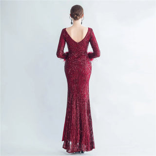 Stretch Feather Sequin Full Sleeve Evening Maxi Dress