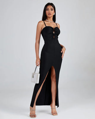 Ships in 1 to 3 Days - Elegant Ladies Black Bandage Dress - Sleeveless Spaghetti Strap Backless High Slit Bodycon Maxi Cocktail Dress