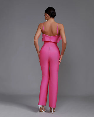 Pink One-Piece Chic Ruffle Strap Wide-Leg Jumpsuit for Women 2024