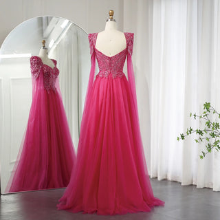 Arabic Fuchsia Evening Dress with Cape Sleeves Luxury Beaded Dubai Elegant Women Wedding Formal Party Gowns