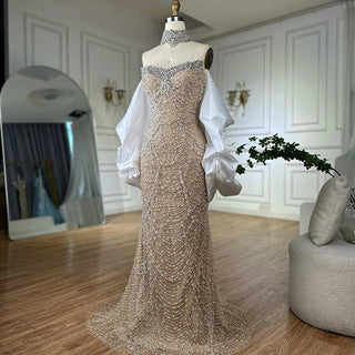 White Beaded Mermaid Evening Dresses For Women Saudi Wedding Party