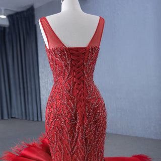 Vintage Red Sleeveless Feather Mermaid Evening Party Dresses