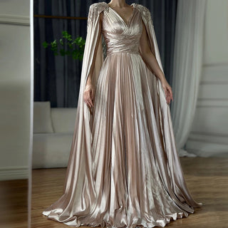 Ships in 1 to 3 Days - 2024 Nude Beaded Satin A-Line Evening Gown with Cape Sleeves - Saudi Arabic Formal Dress