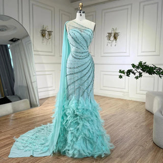 Ships in 1 to 3 Days - Mint Mermaid One-Shoulder With Overskirt Beaded Feathers Evening Dress - Gown for Women's Wedding Party