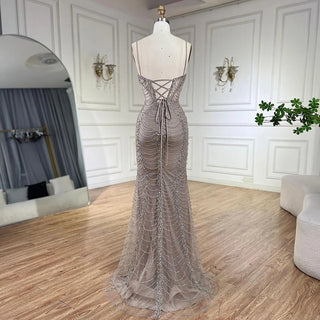 Arabic Caramel Spaghetti Strap Mermaid Lace-Up Evening Gown Beaded Dress for Women's Party