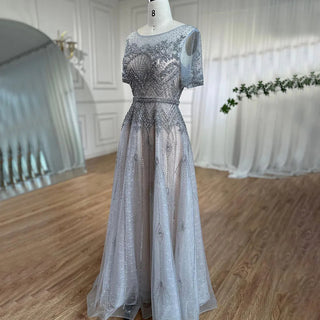 Grey O-Neck A-Line Evening Dress 2024 with Short Sleeves - Ideal for Mother of the Bride, Luxury Beaded Party Gowns