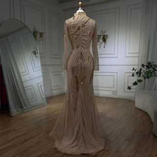 Dubai Gowns Nude Illusion Pearls Beaded Feathers Mermaid Long Evening Dress - for Women Wedding Party 2024