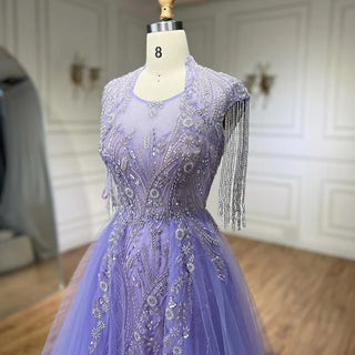 Ships in 1 to 3 Days - 2024 Arabic Lilac Elegant A-Line Beaded Tassel Luxury Dubai Evening Dresses Gowns for Woman Wedding Party