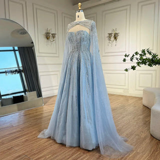 2024 Arabic Blue Cape Sleeves A-Line Beaded Evening Dress | Long Celebrity Gown for Women's Wedding Party