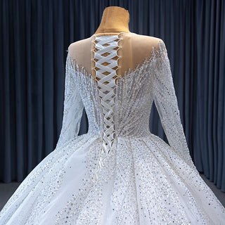 Luxury Heavy Beaded Long Sleeve Puffy Ball Gown Wedding Dress