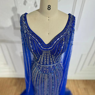 Dubai Royal Blue Elegant Cape Sleeves Beaded Arabic Luxury Evening Dresses: Gowns for Women's Party 2024