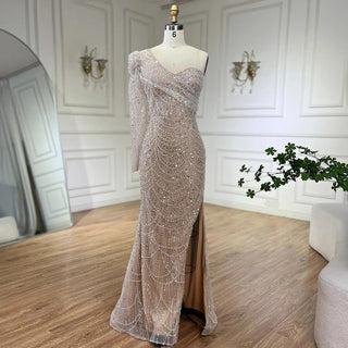 Ships in 1 to 3 Days - White Nude Mermaid One-Shoulder High Split Beaded Luxury Evening Gown - Perfect for Women's Wedding Party