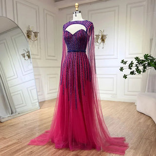 2024 Arabic Fuchsia Cape Sleeves A-Line Beaded Evening Dresses Long Celebrity Gowns for Woman Wedding Party